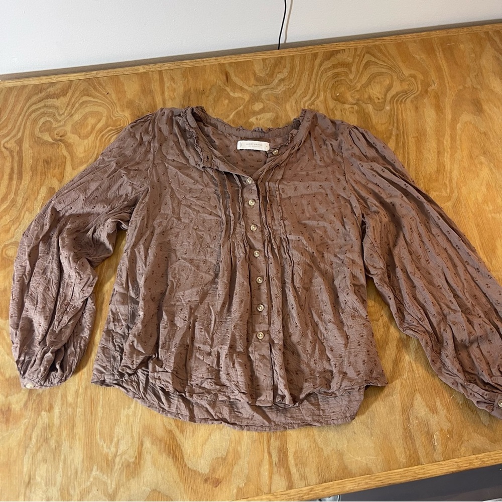 Lucky Brand Clip Dot Long Sleeve Blouse Taupe Brown